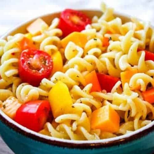 Summer Pasta Salad in a blue bowl