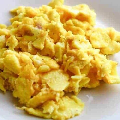 Air Fryer Scrambled Eggs on a white plate