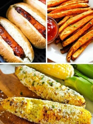 Collage of pictures: air fryer hot dogs in buns on top left, air fryer sweet potato fries on top right, and air fryer corn on the cob with bite taken out on bottom