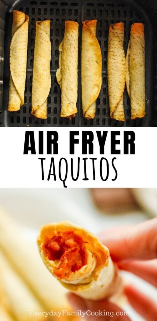 Title and Shown: Air Fryer Taquitos (in the air fryer and one in hand bitten into)