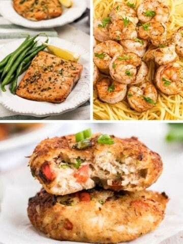 Collage of air fryer salmon, air fryer shrimp, and air fryer crab cakes