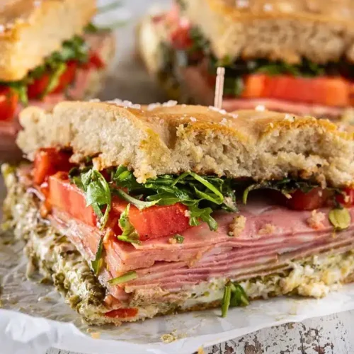 Close up of sandwich cut in half to see the inside.