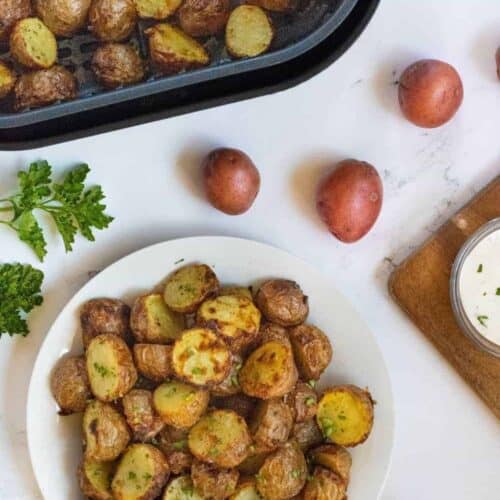 Air Fryer Ranch potatoes on a white plate with more in a square air fryer basket