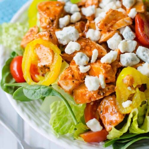 Buffalo blue salad served for lunch on a white plate.