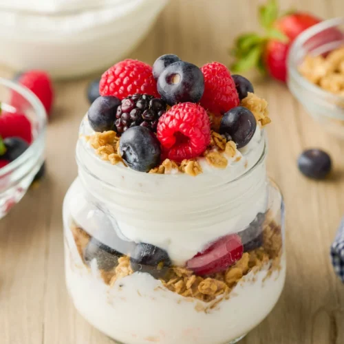 Yogurt parfait topped with berries in a mason jar.