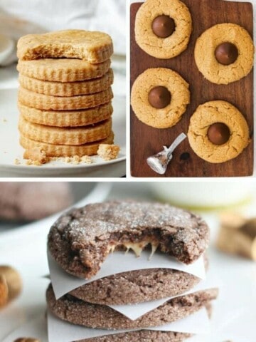 Collage of easy Christmas cookies with few ingredients (brown butter shortbread cookies, peanut butter blossoms, and rolo cookies)