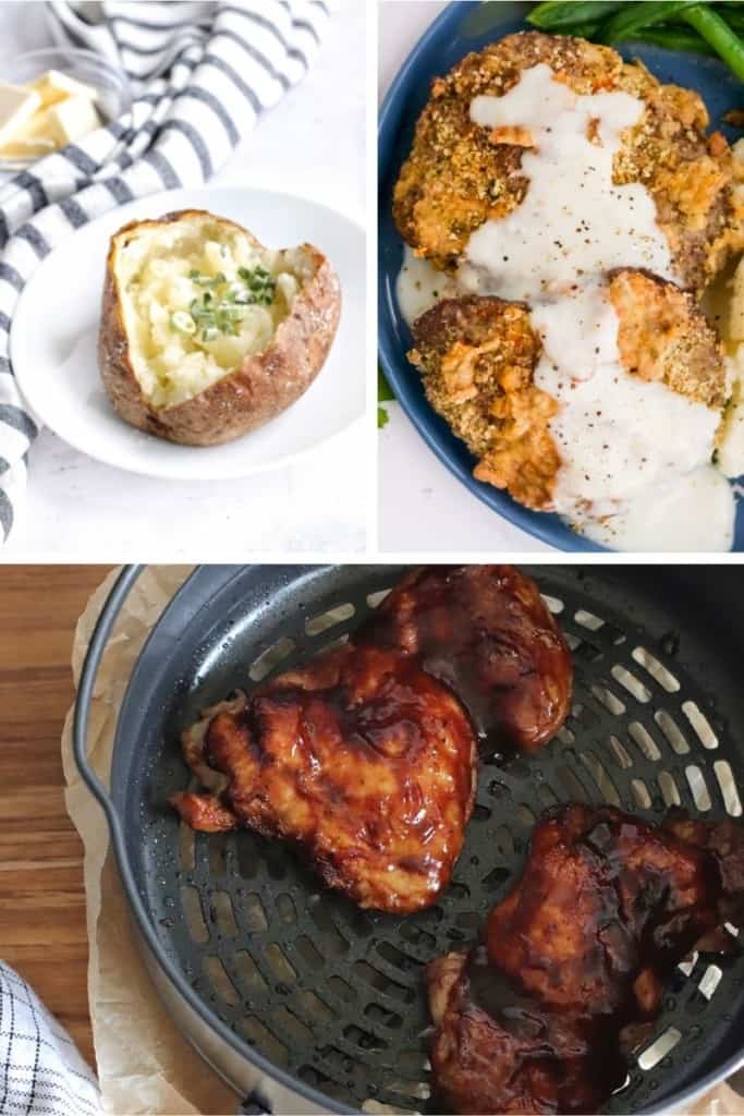 Collage of Ninja Air Fryer Recipes (baked potatoes, chicken fried steak, and BBQ chicken thighs)