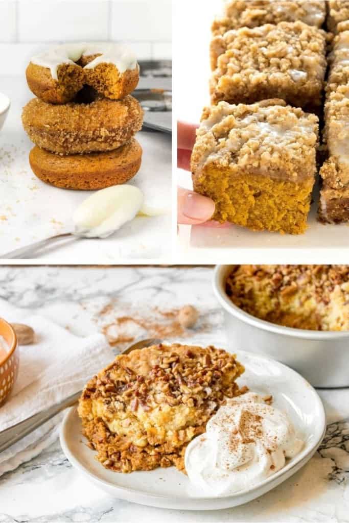 Collage of leftover pumpkin puree recipes (donuts, coffee cake, and dump cake)