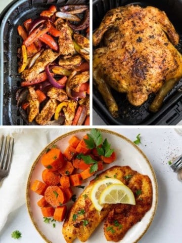 Healthy Air Fryer Recipes collage (chicken fajitas, whole chicken, and tilapia)