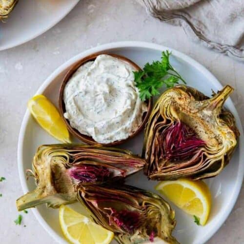 Fresh and cripsy air fryer artichokes with dipping sauce