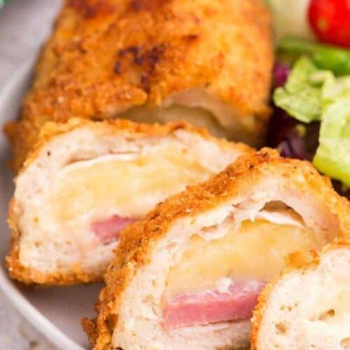 Delicious and breaded chicken cordon bleu in air fryer