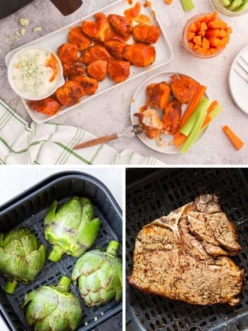 Collage of gluten free air fryer recipes (buffalo boneless wings, artichokes, steak)