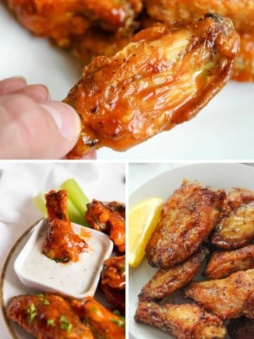 Collage of air fryer chicken wing recipes (buffalo wings, frozen wings, and lemon pepper wings)