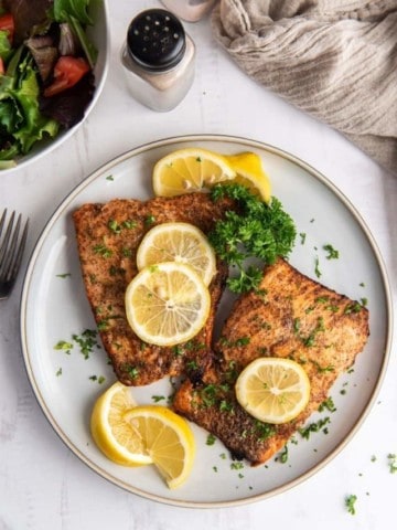 plate with two air fryer salmon fillets with lemon slices