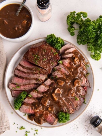 plate with slices of London broil cooked in instant pot