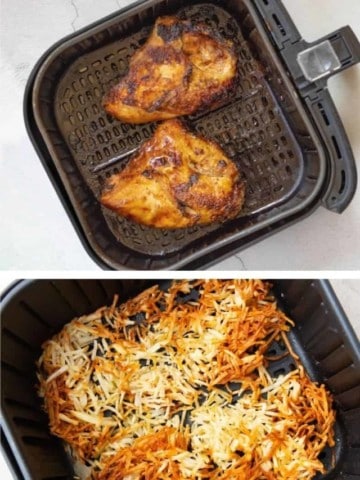 Collage of Cosori air fryer recipes in basket (bone in chicken breasts, hash browns, and fried chicken)