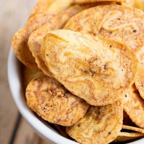 Fresh air fryer plantain chips in bowl