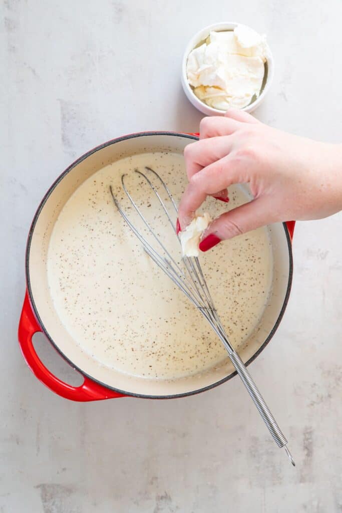 mac and cheese roux about to add the cream cheese in pot