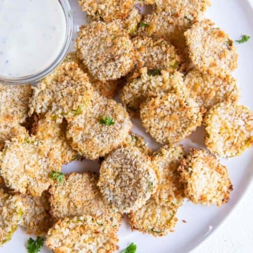 platter with air fried pickles and sauce