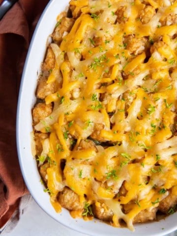 casserole dish with green bean tater tot casserole