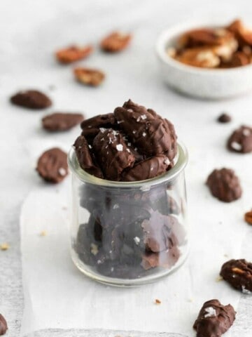 jar filled with chocolate covered pecans