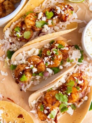 overhead shot of air fryer shrimp tacos