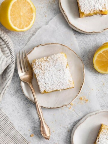 overhead shot of a lemon bar with a fork