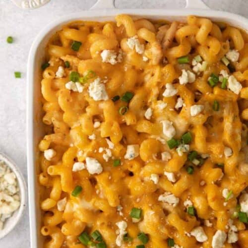 buffalo chicken mac and cheese in casserole dish