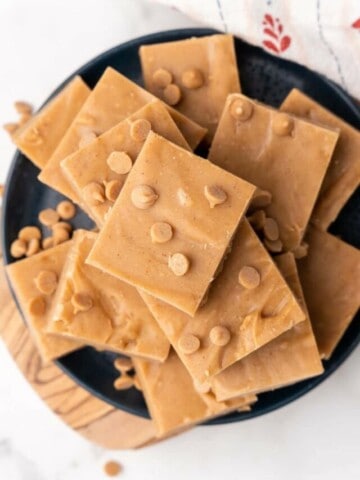 overhead plate with pieces of peanut butter fudge