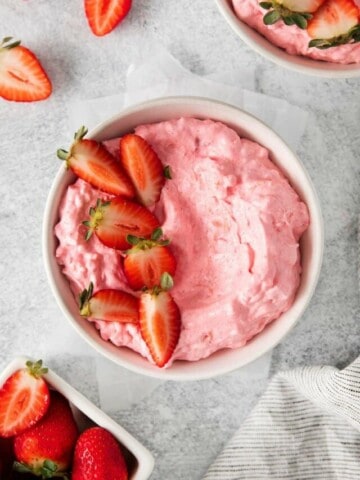 overhead shot of a bowl with cottage cheese jello salad