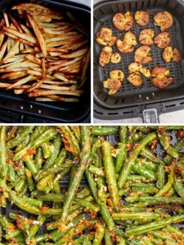 collage of air fryer vegetables (air fryer french fries, smashed potatoes, and frozen green beans)