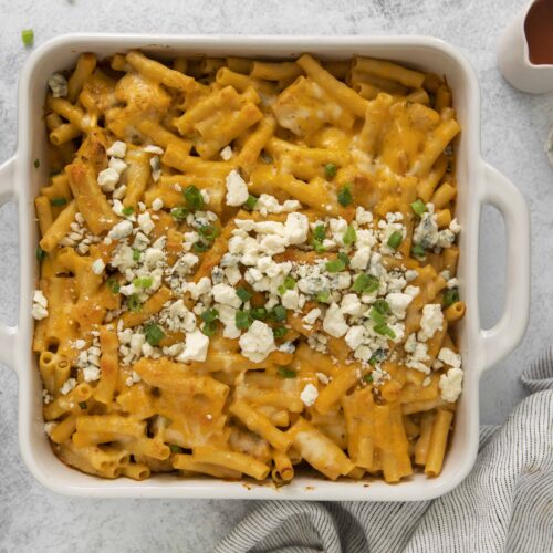 buffalo chicken pasta bake with toppings