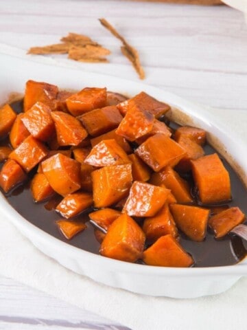 Candied yams in a casserole dish