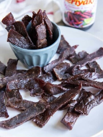 A plate holding beef jerky pieces and a small blue bowl holding additional pieces.