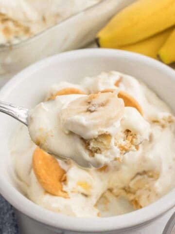 taking a bite out of no bake banana pudding.