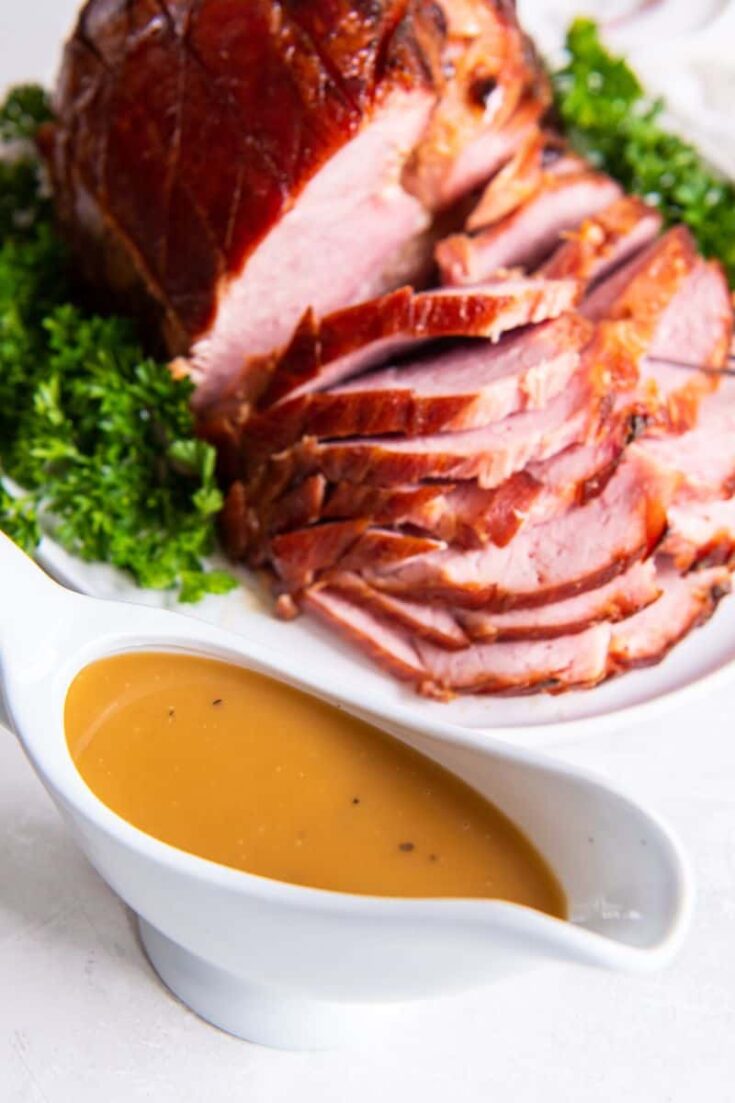 close up shot of homemade ham gravy in a bowl.