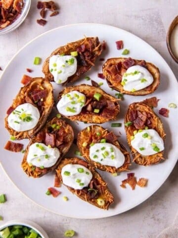 overhead photo of air fryer potato skins.