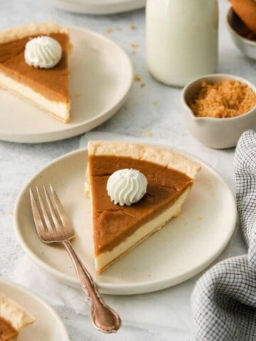 a slice of sweet potato made with canned yams on a plate with a fork.