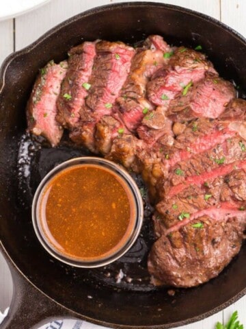 sliced steak in a cast iron skillet