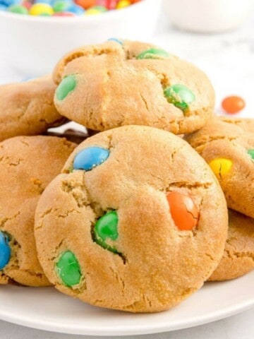 peanut butter m and m cookies on a white plate