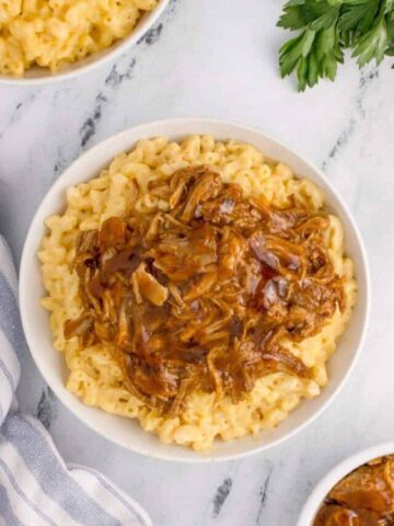 overhead shot of mac and cheese with pulled pork