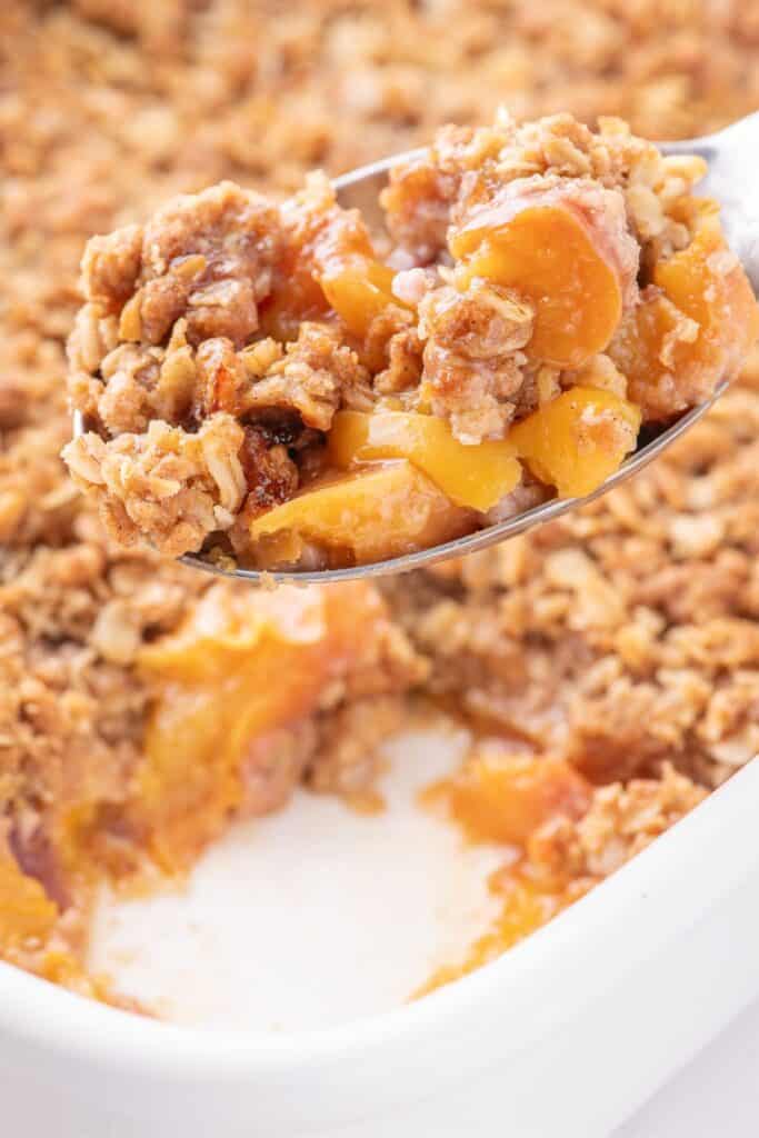 close up on what is inside homemade peach crumble 