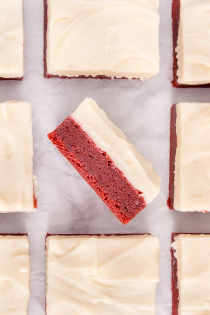 close look at red velvet brownie layers