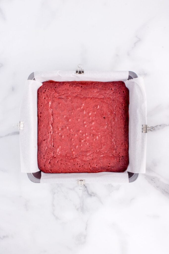 baked red velvet brownies in a baking dish