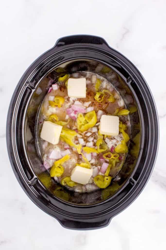 ingredients in a crock pot for mississippi chicken