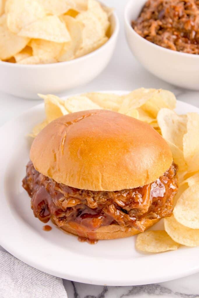 pulled pork with BBQ sauce in a bun. Served on a plate with potato chips.