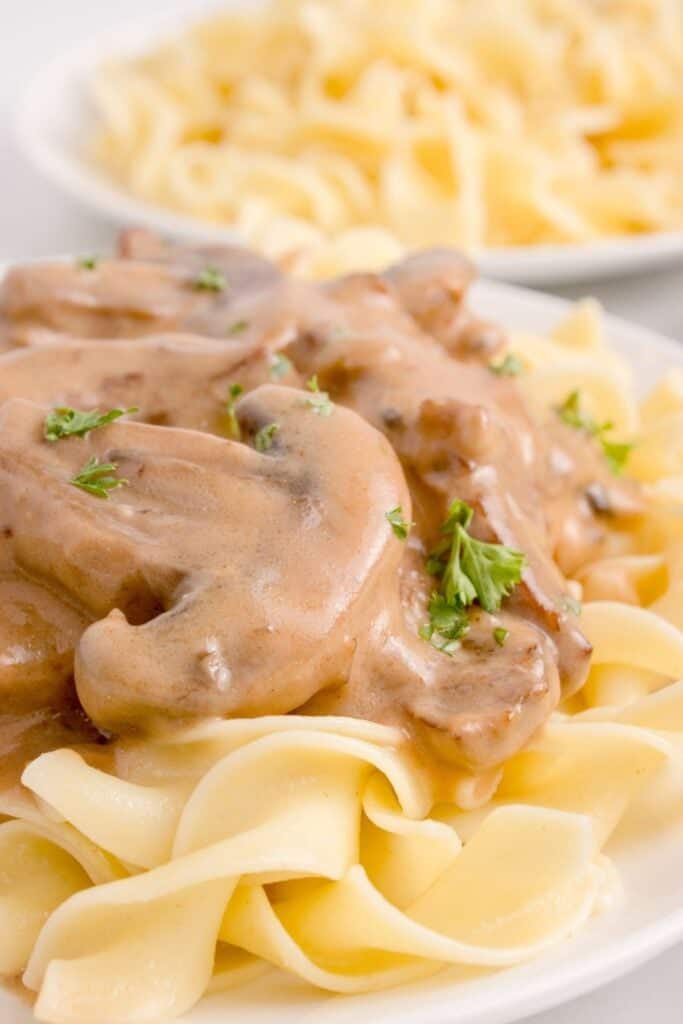 Beef stroganoff served over a bed of egg noodles on a white plate.