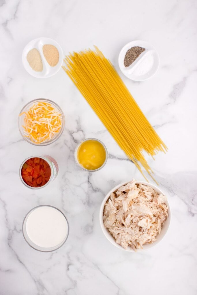 Chicken Tetrazzini Ingredients: Spaghetti, Rotisserie Chicken, Heavy Cream, Shredded Cheese, Rotel, Cream of Chicken Soup, Onion Powder, Garlic Powder, Salt & Pepper