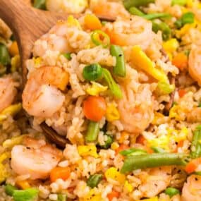 Close up of shrimp fried rice.