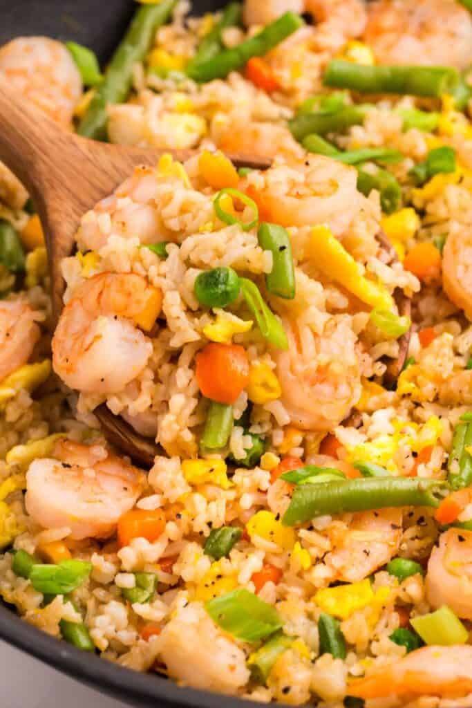 Close up of shrimp fried rice.